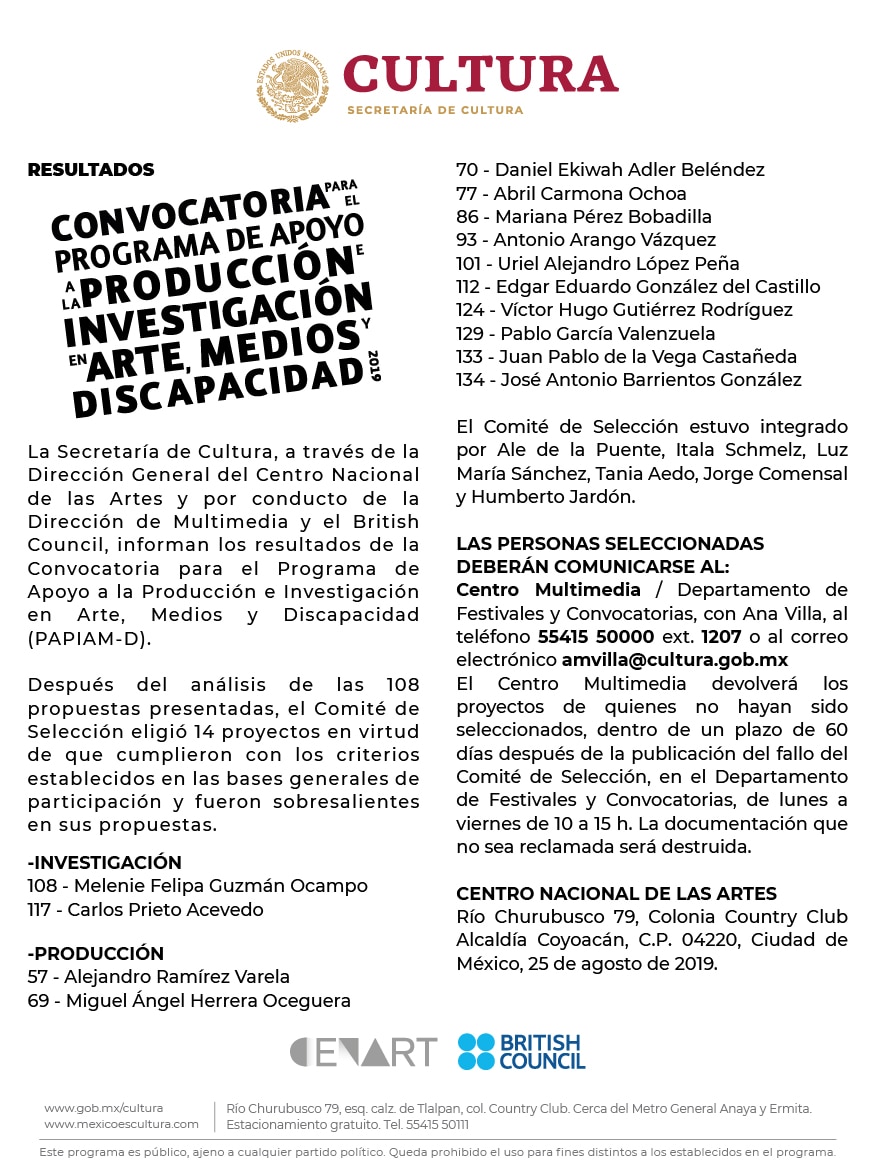 Resultados Convocatoria Papiam 2019 British Council México
